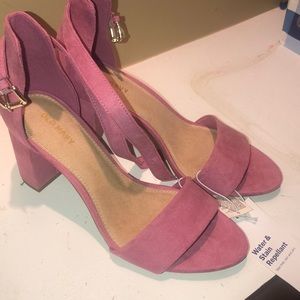 pink suede block heels